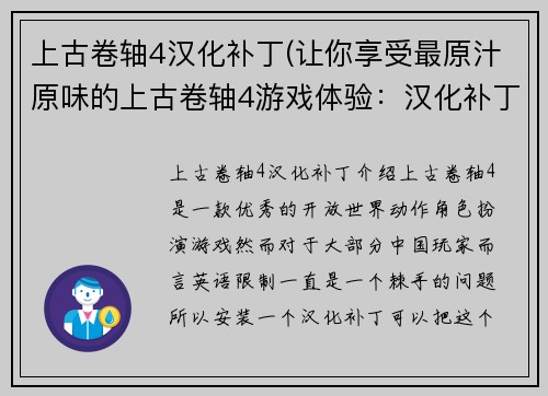 上古卷轴4汉化补丁(让你享受最原汁原味的上古卷轴4游戏体验：汉化补丁全指南)